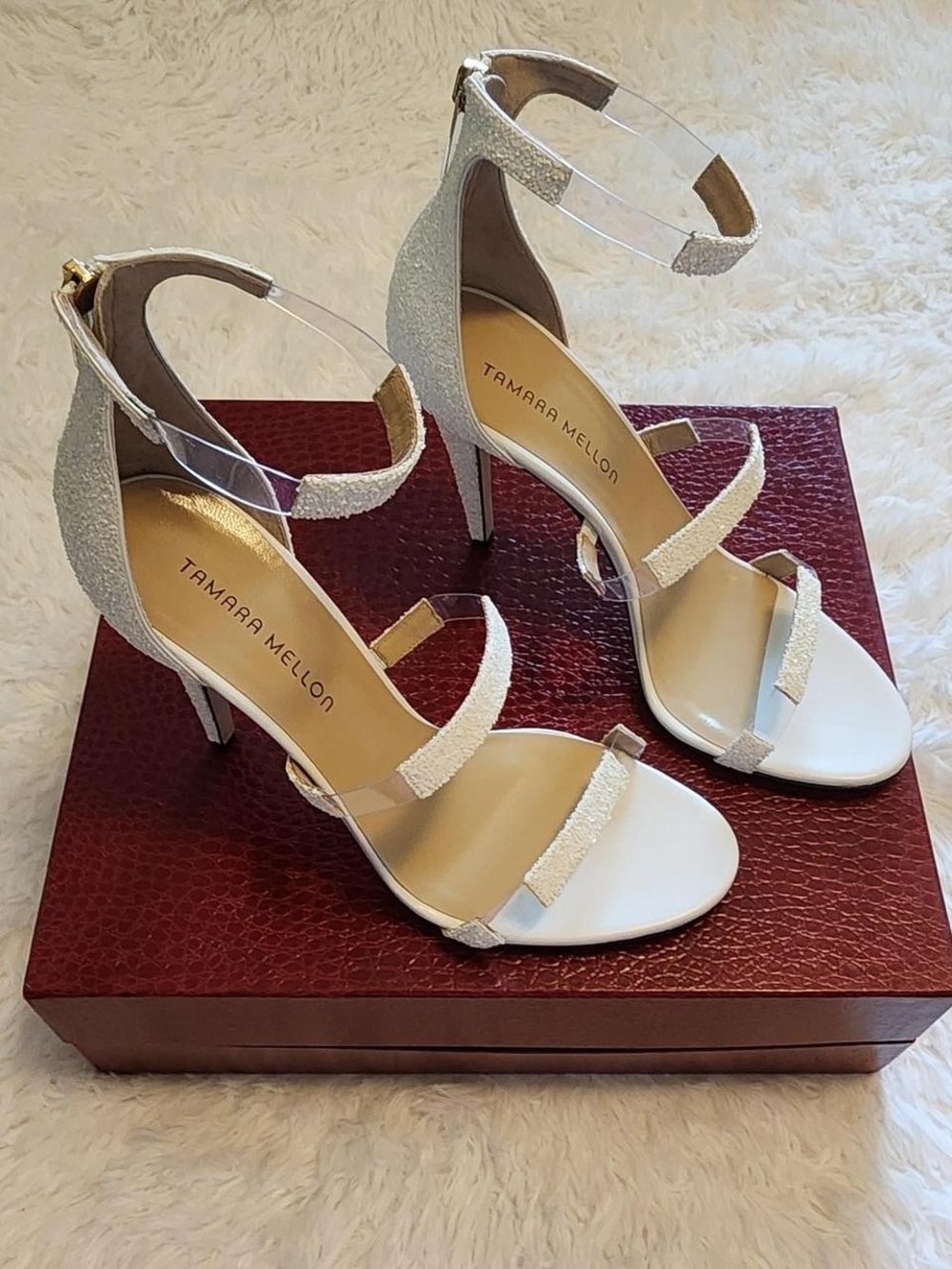Tamara Mellon White Glitter Ankle-Strap High Heel Sandals